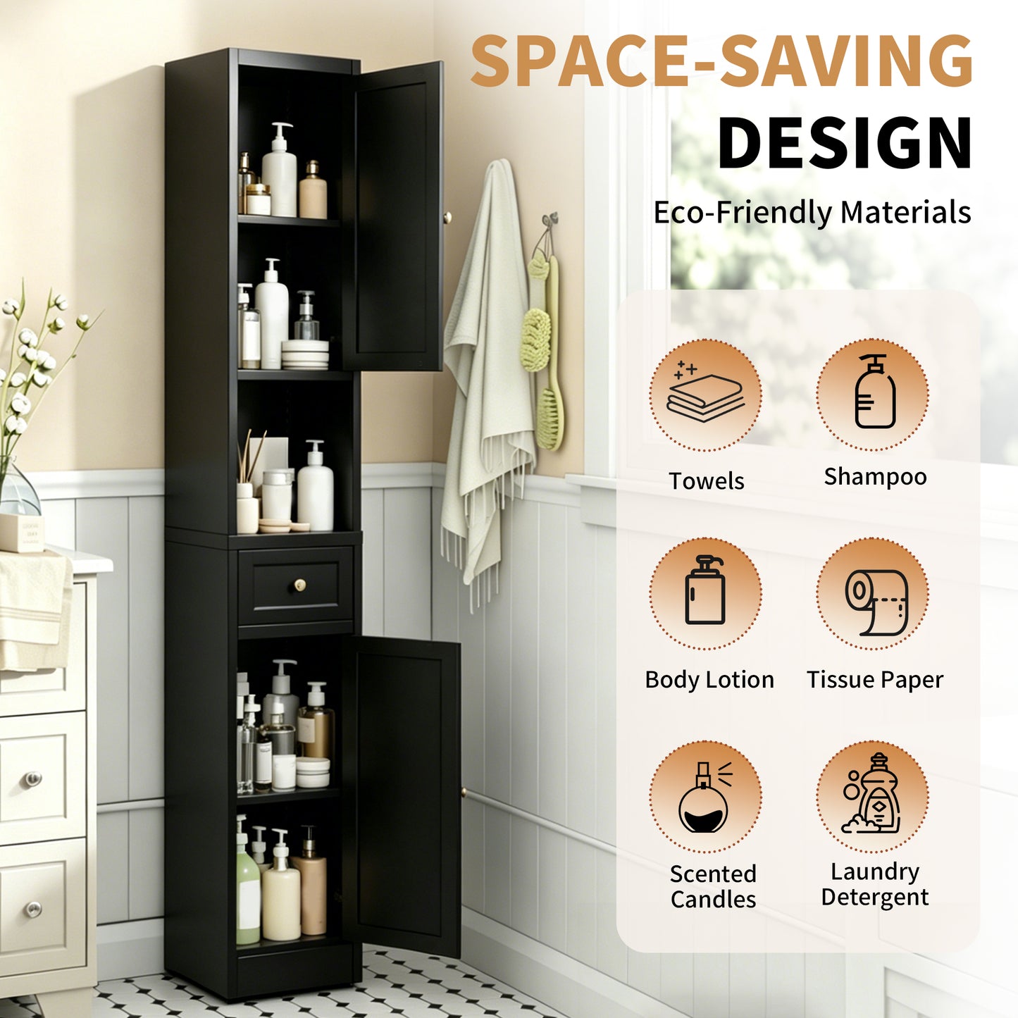 VIYET 71" Tall Black Bathroom Storage Cabinet, Slim Metal Storage Organizer with 2 Doors, Adjustable Shelves, Freestanding Cabinet