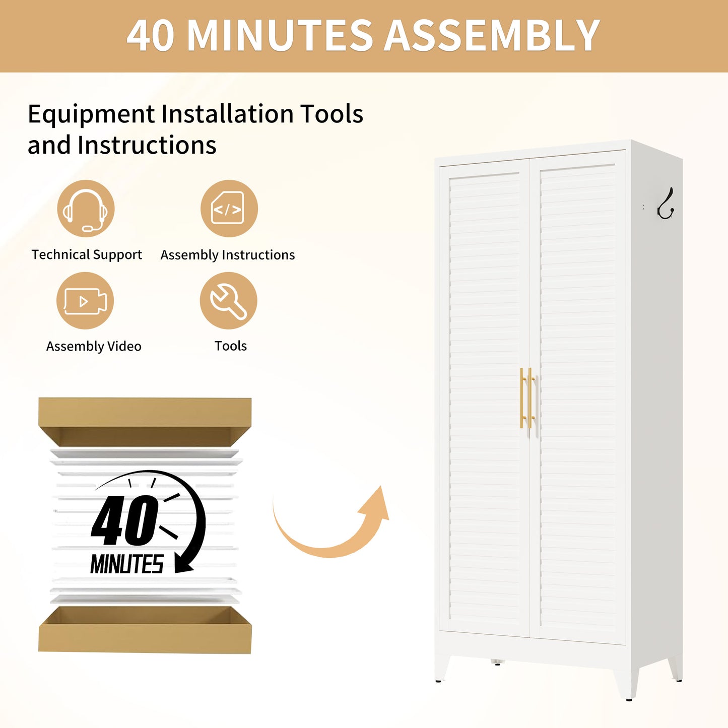 VIYET 71" Metal Wardrobe Closet with Adjustable Hanging Rod, Louvered Doors, Side Hooks & Shelves, Heavy Duty Clothing Storage Cabinet for Bedroom, Laundry Room, White