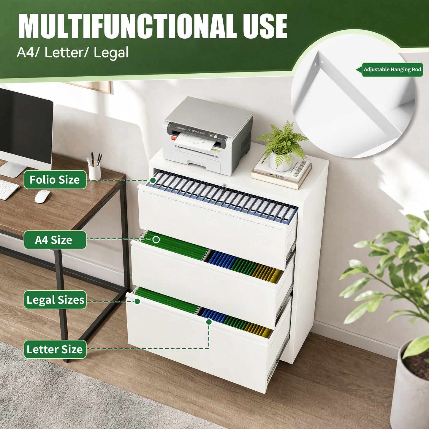 VIYET 3 Drawer Lateral File Cabinet with Lock, White Metal Filing Cabinet for Home Office, Fits Letter, Legal, A4 & F4 Hanging Files