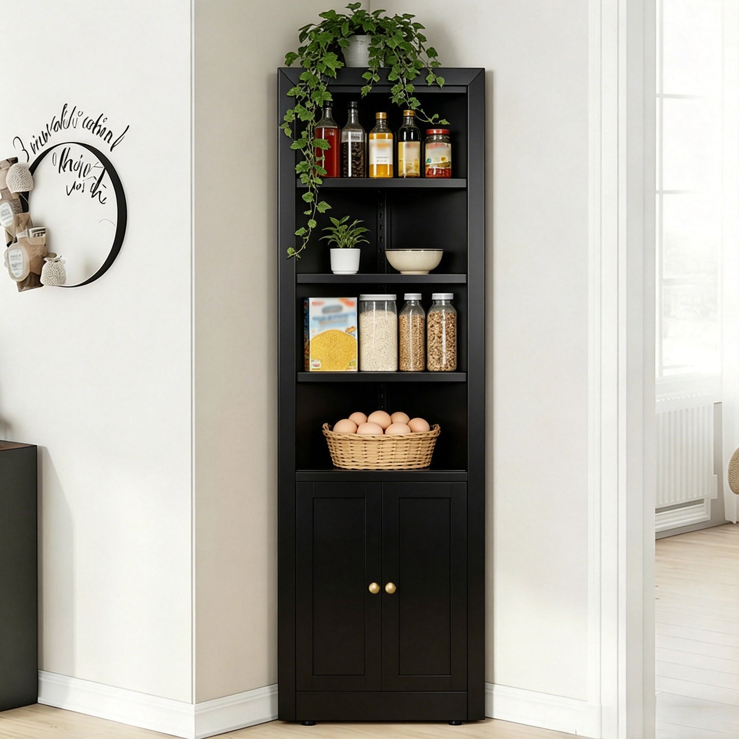 VIYET 71" Tall Black Corner Storage Cabinet, 5-Tier Freestanding Metal Corner Organizer with Adjustable Shelves & Doors