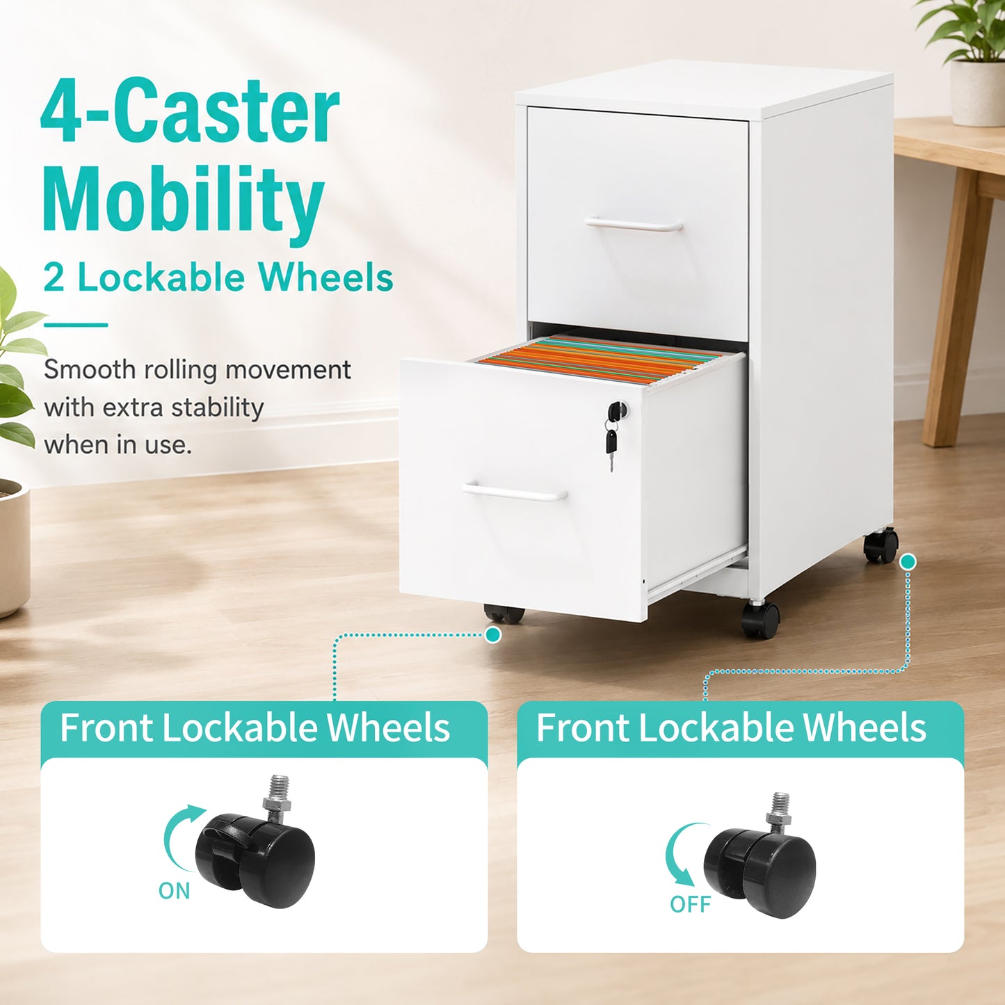 VIYET 25"H 2-Drawer Mobile Lockable File Cabinet with Wheels, Metal Under Desk Rolling Cabinet Fits Letter/Legal/A4