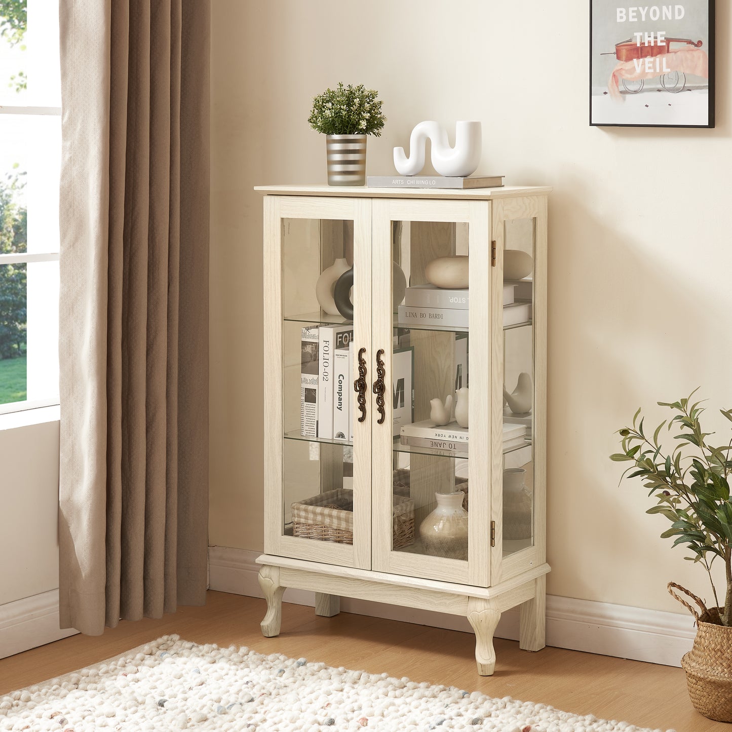 VIYET 44" Lighted Curio Cabinet, White MDF+Glass Display w/ Tempered Glass Doors & Adjustable Shelves (Mirrored Back, Bulb Included)