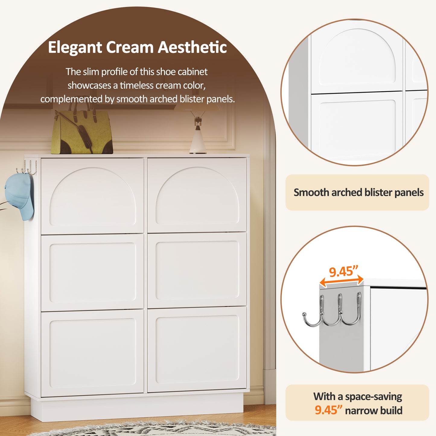 VIYET 49" Cream-Style Narrow Shoe Cabinet, White MDF Organizer w/ 6 Flip Drawers & 3 Silver Hooks (Adjustable Shelves)