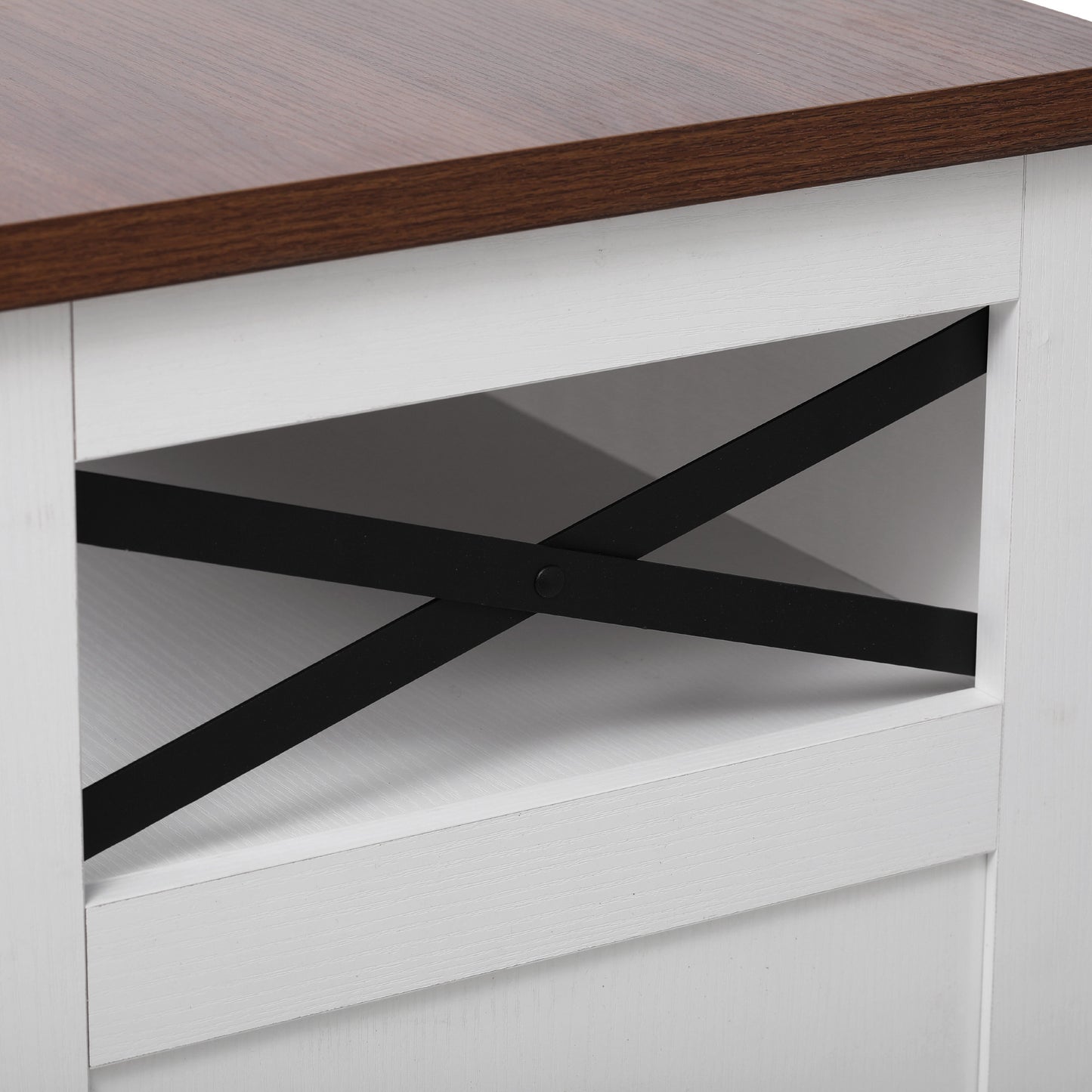 VIYET 39" K&K Farmhouse Rolling Kitchen Island, White MDF Cart w/ Bead Drape, Power Outlet & Drop Leaf (3 Doors+3 Drawers+Internal Iron Shelf)