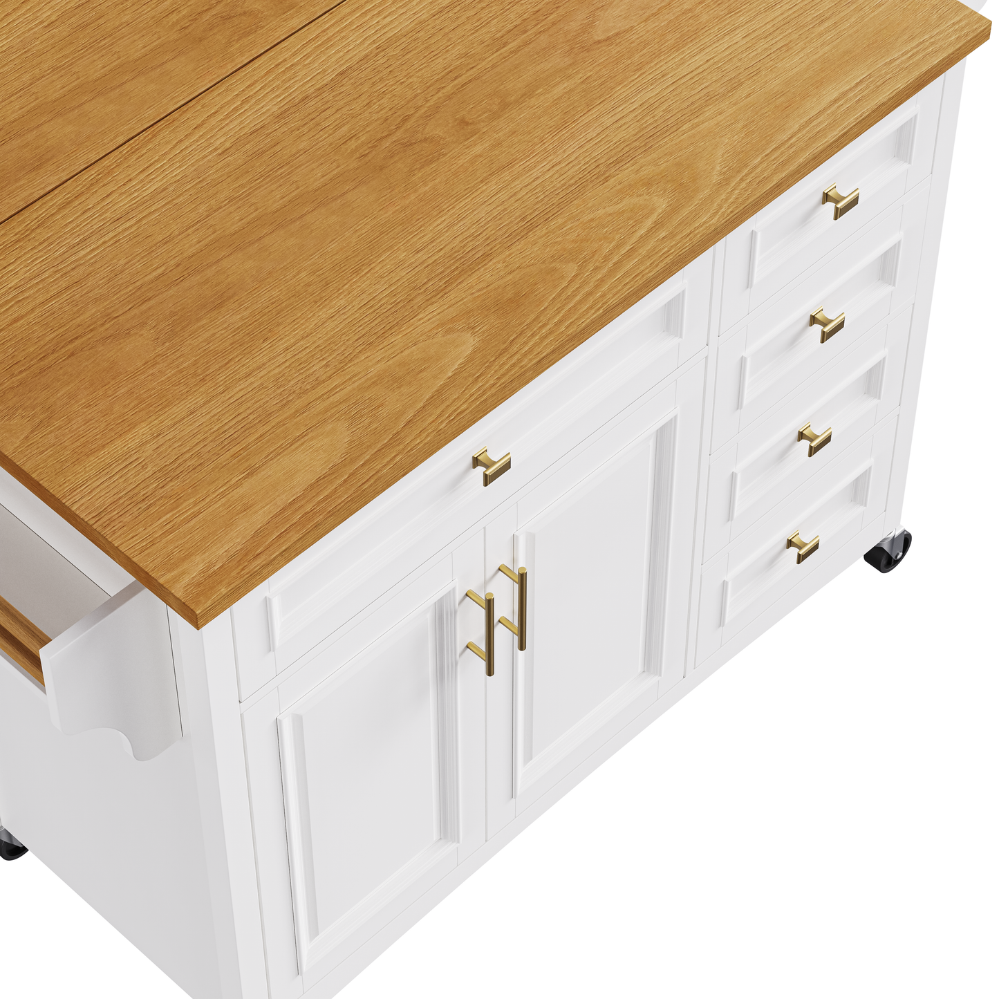 VIYET 36" K&K Kitchen Island with Drop Leaf, White MDF Storage Cart w/ Oak Veneer Top (2 Doors+5 Drawers+Adjustable Shelf)
