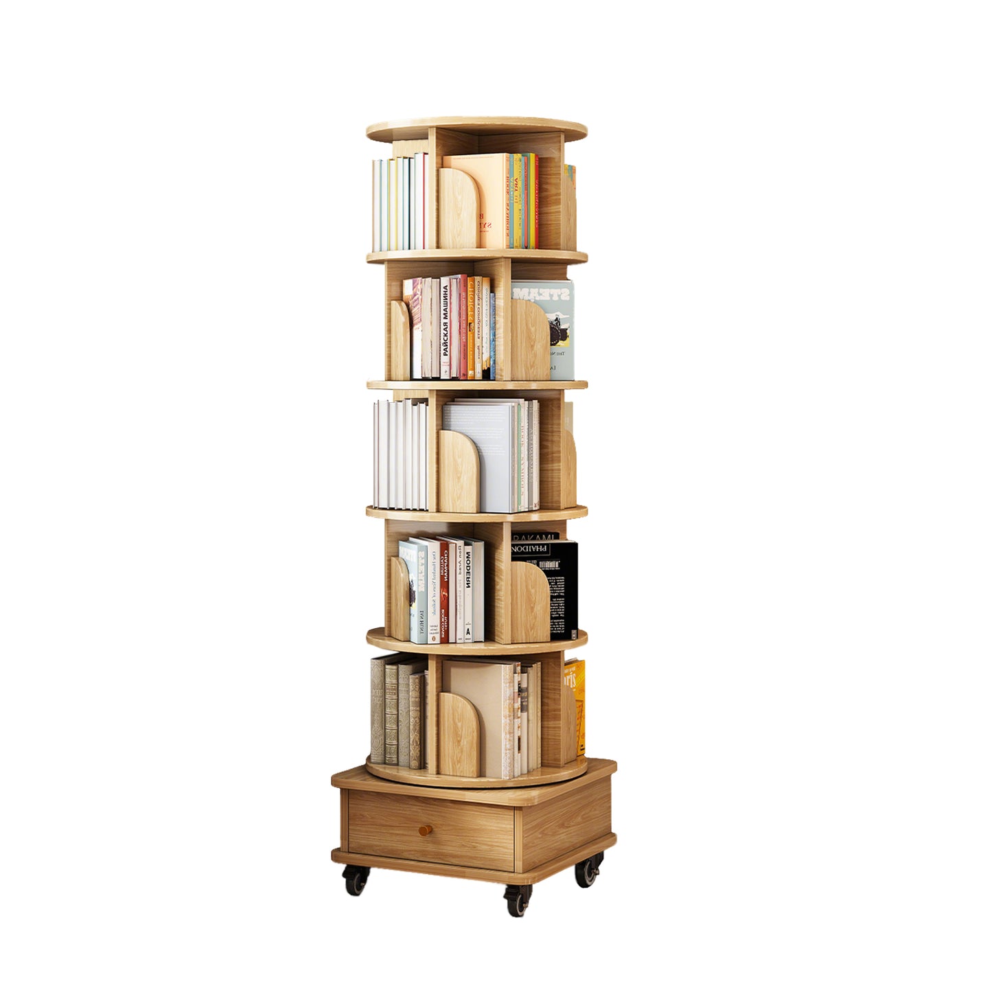 VIYET 68" 6-Tier 360° Rotating Bookshelf, Wood Color MDF Tower w/ Wheels & Drawer (Space-Saving Storage for Home/Office)