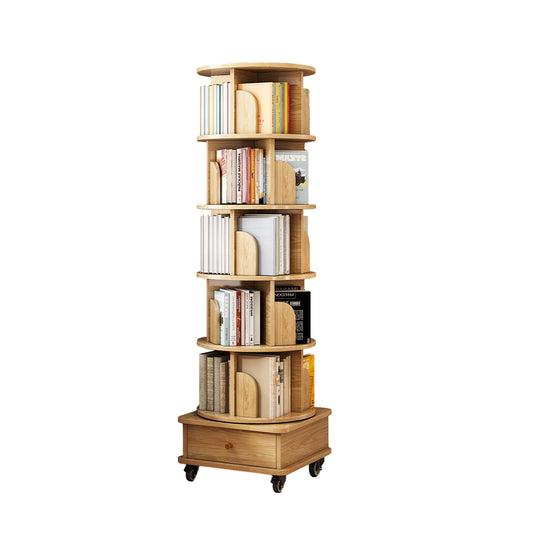 VIYET 68" 6-Tier 360° Rotating Bookshelf, Wood Color MDF Tower w/ Wheels & Drawer (Space-Saving Storage for Home/Office)