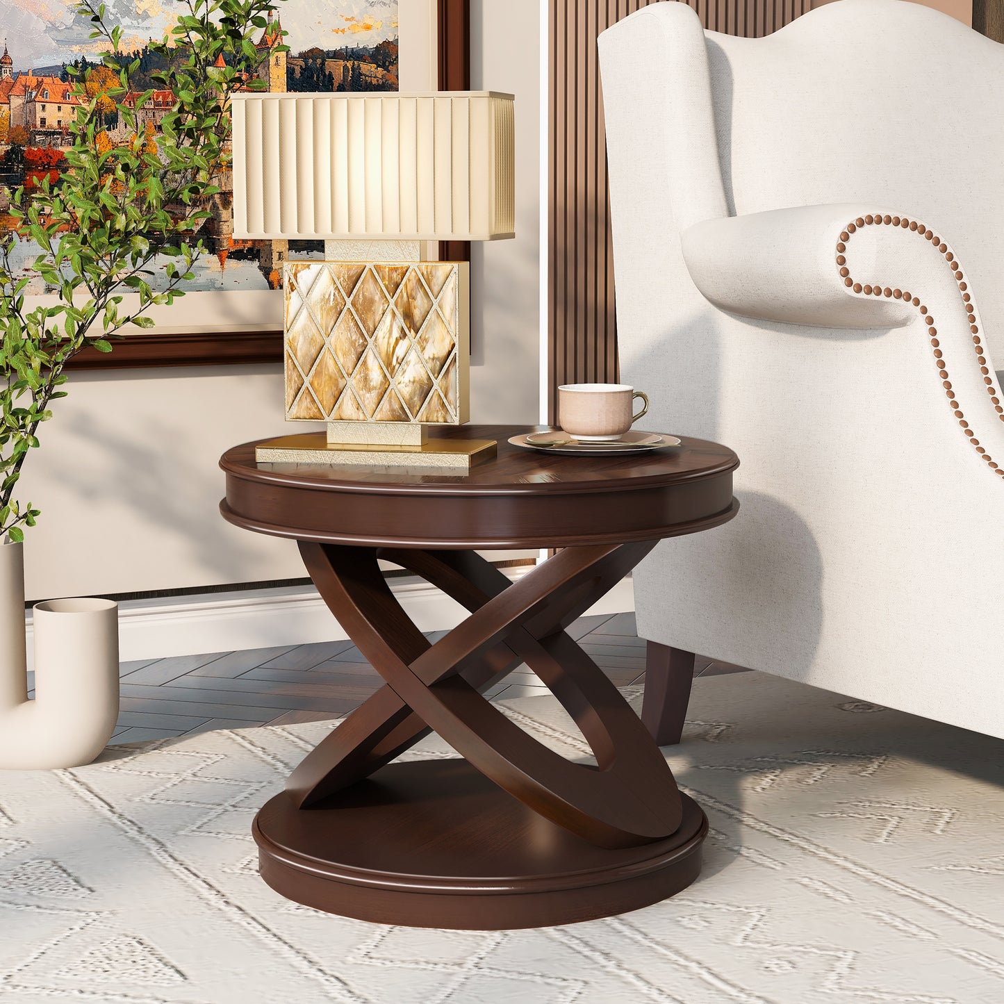 VIYET 20" Retro Round Wooden End Table - X-Shape Base, Solid Wood Veneer, Walnut