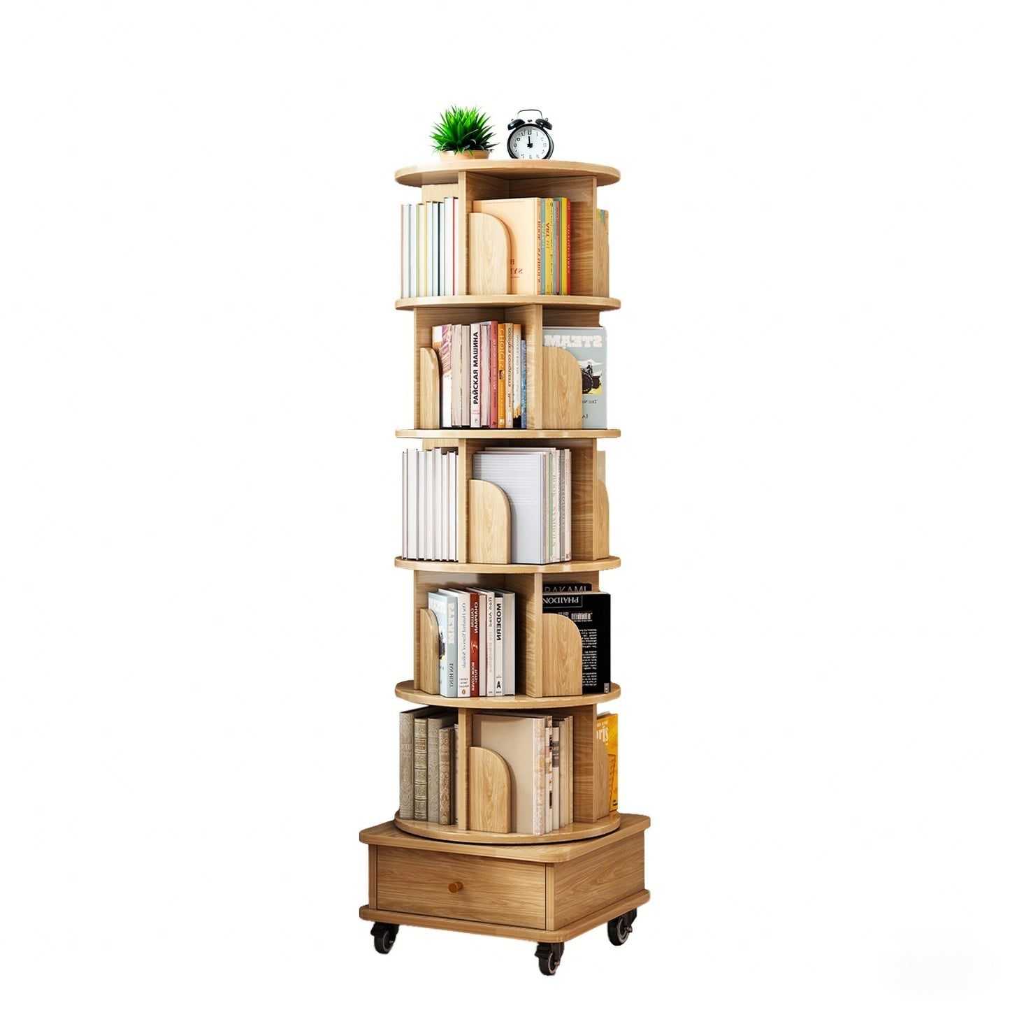VIYET 68" 6-Tier 360° Rotating Bookshelf, Wood Color MDF Tower w/ Wheels & Drawer (Space-Saving Storage for Home/Office)