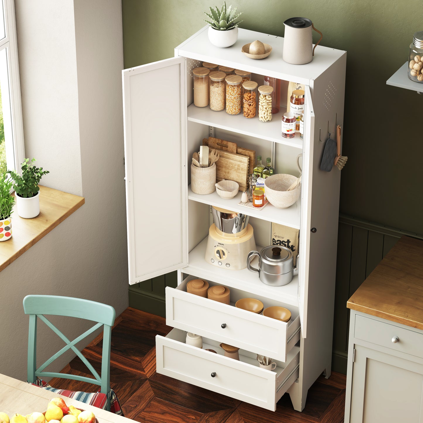 VIYET 72"H Heavy-Duty Steel Pantry Cabinet,2 Drawers+2 Adjustable Shelves,60LBS/Level Freestanding for Kitchen/Pantry/Dining Room (White)
