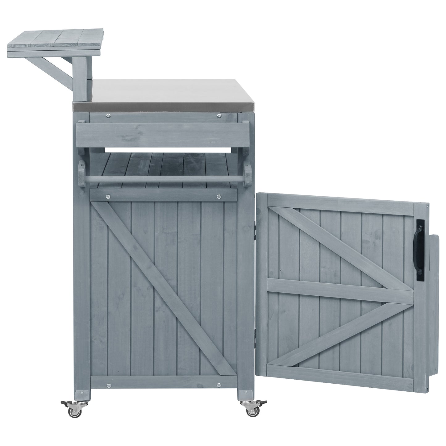 VIYET 43" K&K Outdoor Kitchen Island, Grey-Blue Solid Wood Grill Cart w/ Stainless Steel Top (Raised Shelf+Adjustable Storage Rack)