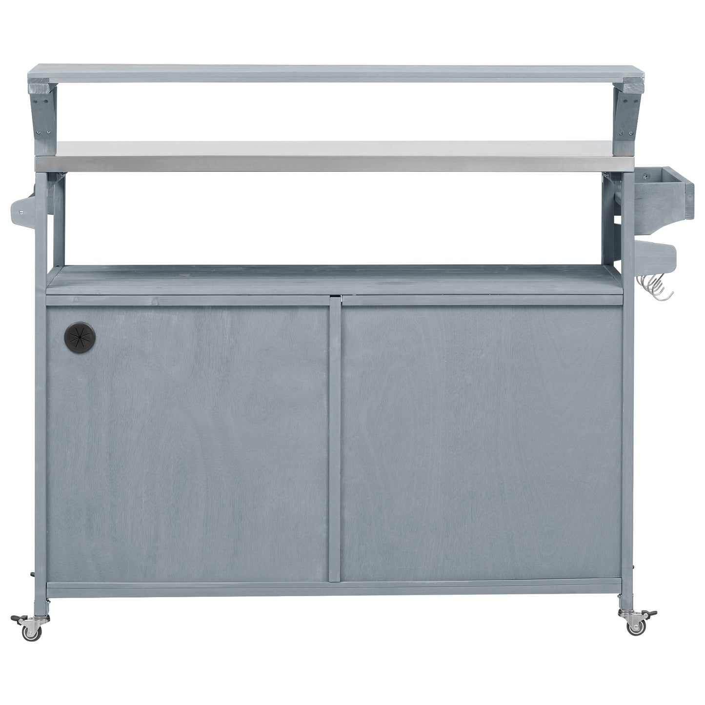 VIYET 43" K&K Outdoor Kitchen Island, Grey-Blue Solid Wood Grill Cart w/ Stainless Steel Top (Raised Shelf+Adjustable Storage Rack)