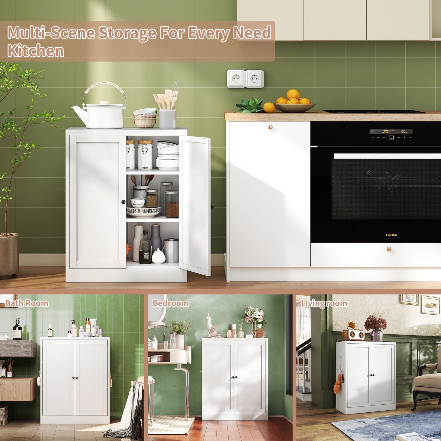 VIYET 35"H White Metal Pantry Cabinet,2 Adjustable Shelves+Side Hooks/Vents,Anti-Tip Freestanding for Kitchen/Dining/Apartment