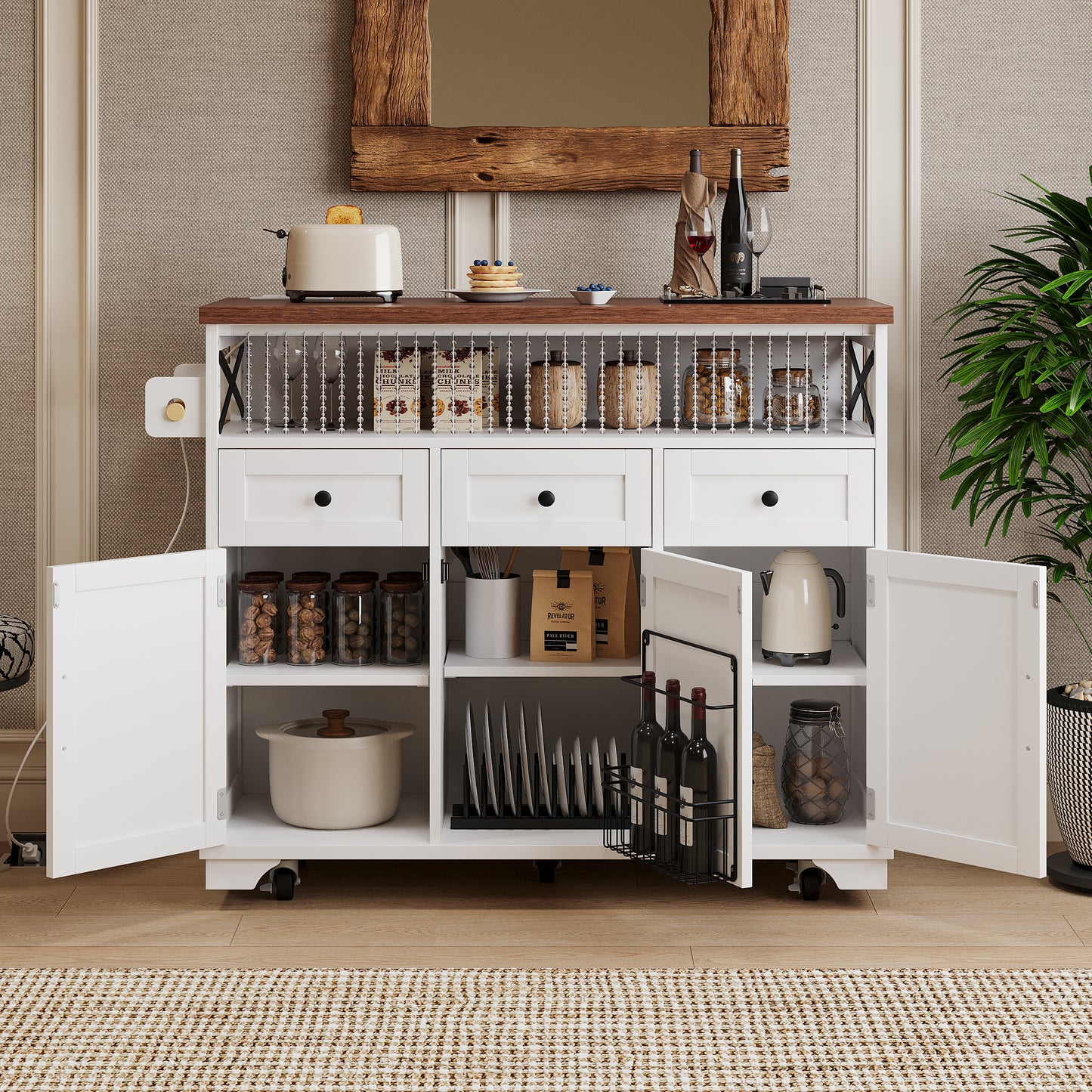 VIYET 39" K&K Farmhouse Rolling Kitchen Island, White MDF Cart w/ Bead Drape, Power Outlet & Drop Leaf (3 Doors+3 Drawers+Internal Iron Shelf)