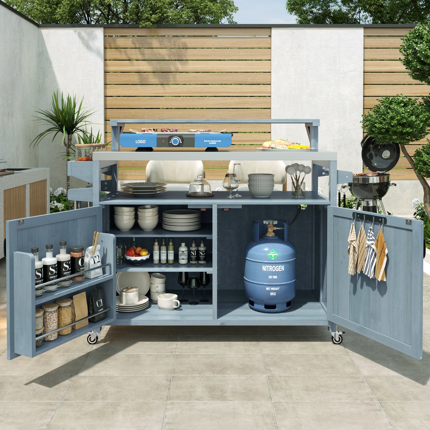 VIYET 43" K&K Outdoor Kitchen Island, Grey-Blue Solid Wood Grill Cart w/ Stainless Steel Top (Raised Shelf+Adjustable Storage Rack)