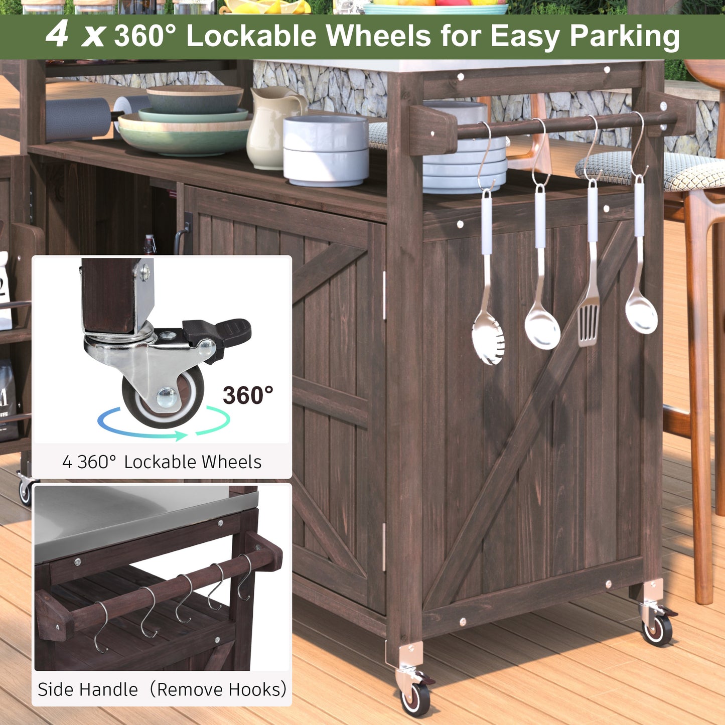 VIYET 43" K&K Outdoor Kitchen Island, Brown Solid Wood Grill Cart w/ Stainless Steel Top (Raised Shelf+Adjustable Storage Rack)