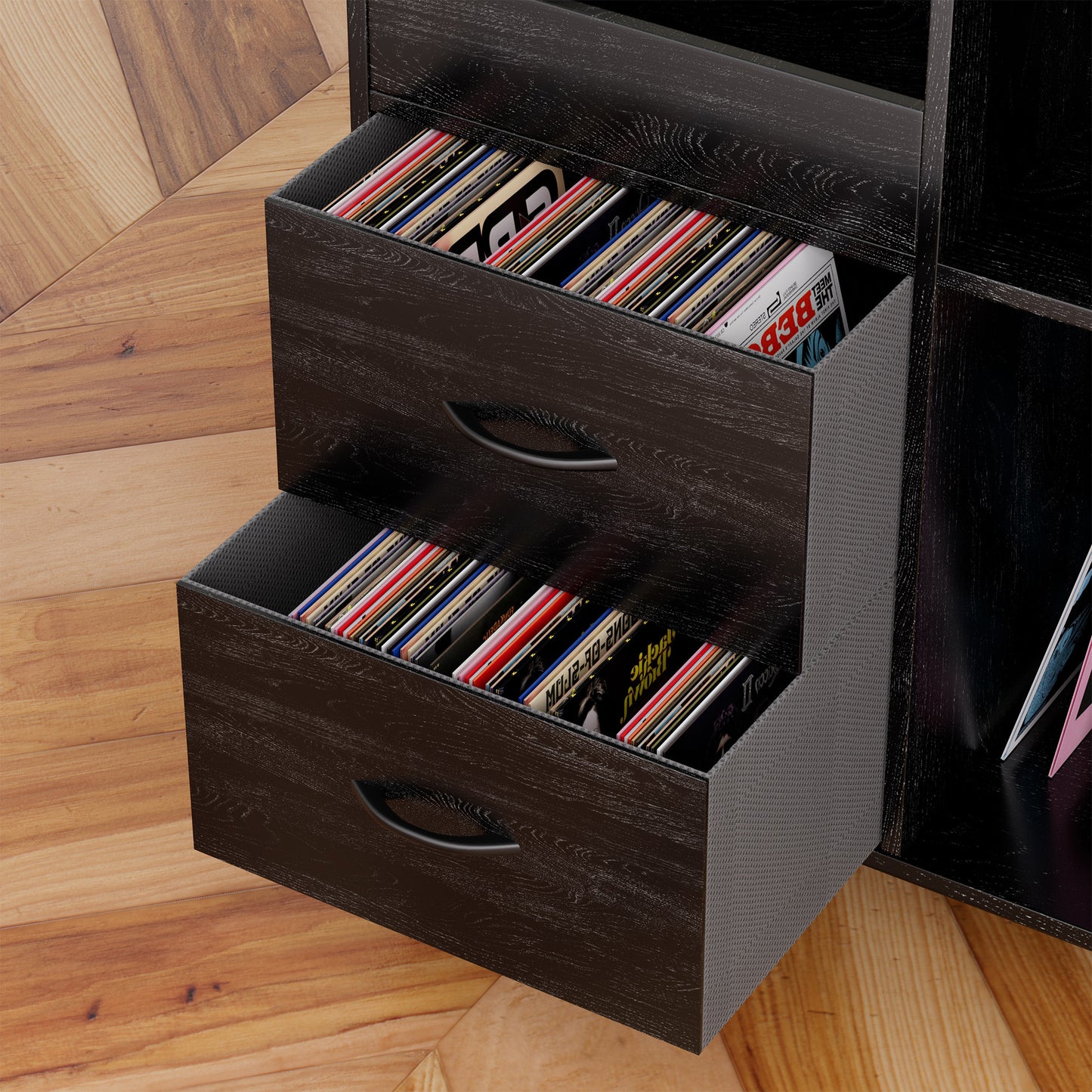 VIYET 35" Eco-Friendly Record Player Stand with Flip-Top, Black MDF+Metal Media Console w/ 2-Outlet Power Strip & Dustproof Storage