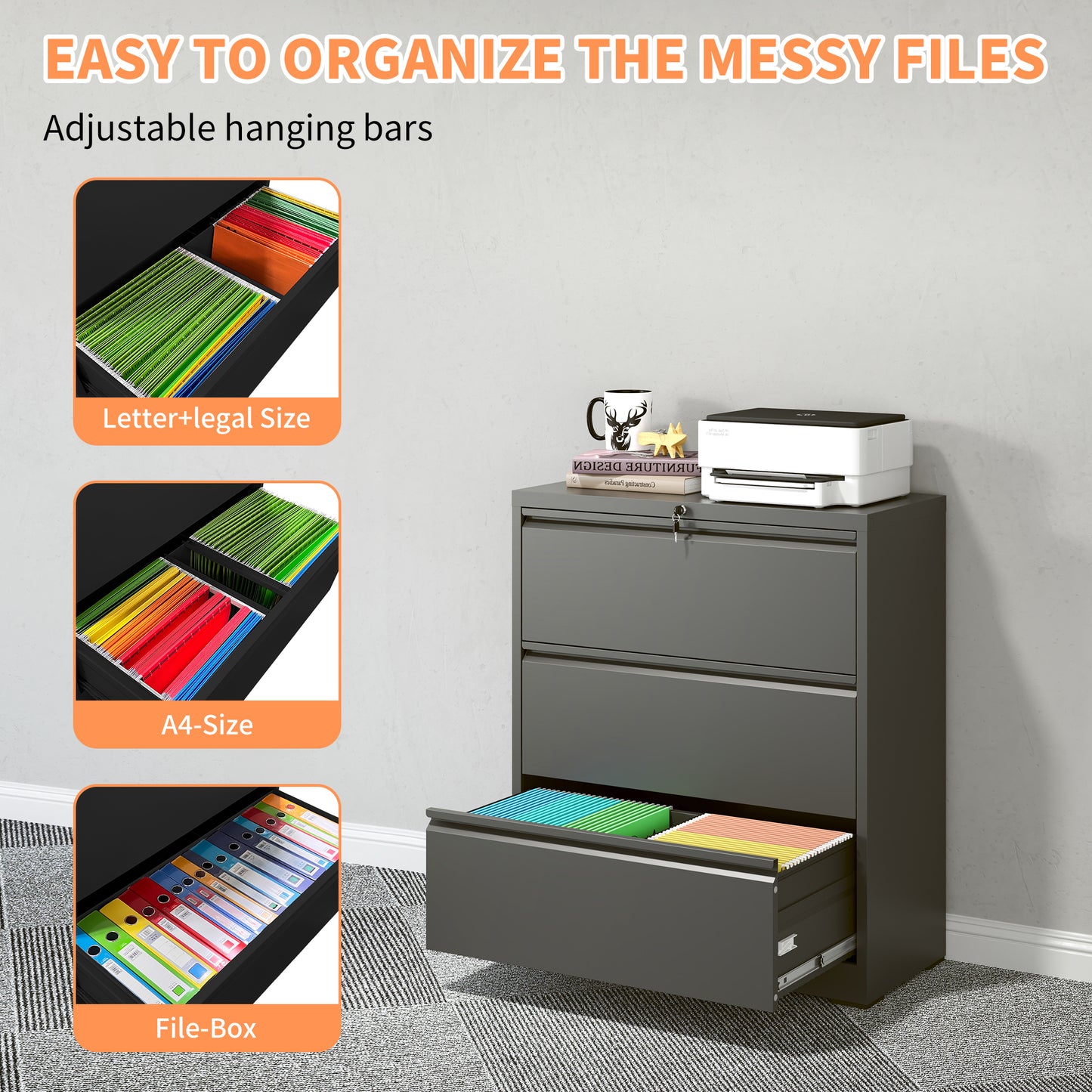 VIYET 40" Tall 3-Drawer Lockable Lateral File Cabinet, Heavy-Duty Metal Office Storage with Silent Full-Extension Drawers and Anti-Tilt, Fits Letter, Legal & A4