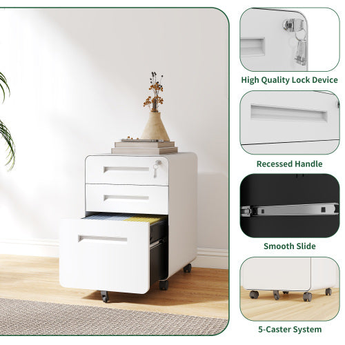 VIYET 23"H Mobile File Cabinet with Lock - All-Steel Fully Assembled, Anti-Tip Design & Locking Casters, Fits A4/Letter, for Home/Office (Black+White)