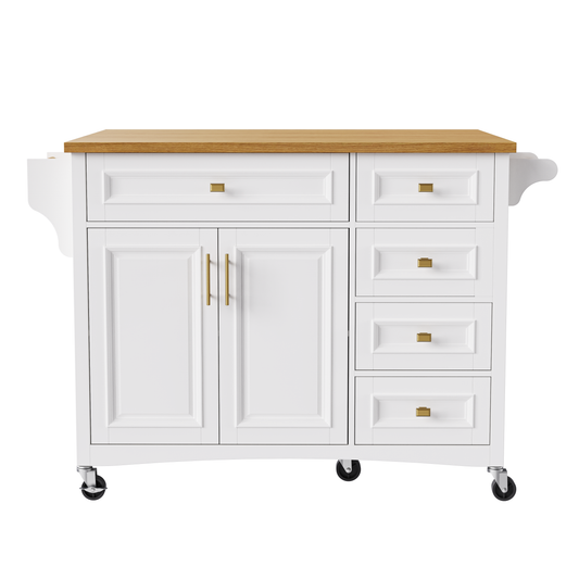 VIYET 36" K&K Kitchen Island with Drop Leaf, White MDF Storage Cart w/ Oak Veneer Top (2 Doors+5 Drawers+Adjustable Shelf)