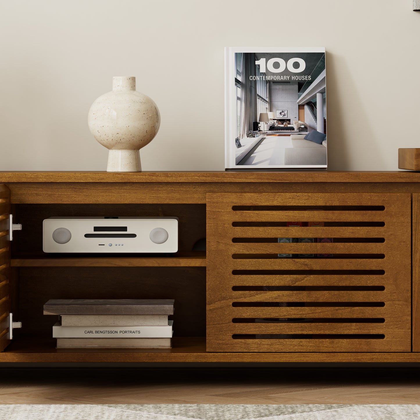 VIYET 63"Mid-Century Modern Extendable TV Stand for 55"-75" TVs, Farmhouse Media Console w/ Storage & Adjustable Panel, Brown Ebony