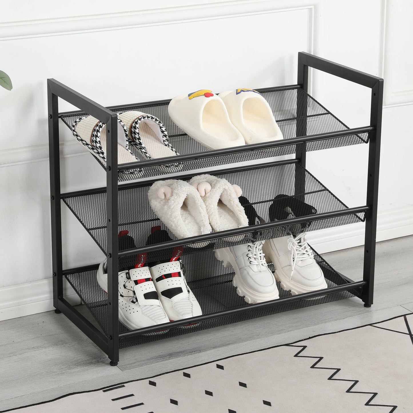 VIYET 24" Black 3-Tier Adjustable Metal Shoe Rack, Freestanding Storage Organizer with 4 Non-Slip End-Caps for Entryway, Front Door Entrance