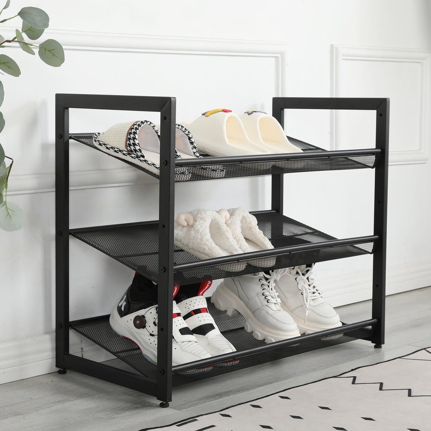 VIYET 24" Black 3-Tier Adjustable Metal Shoe Rack, Freestanding Storage Organizer with 4 Non-Slip End-Caps for Entryway, Front Door Entrance