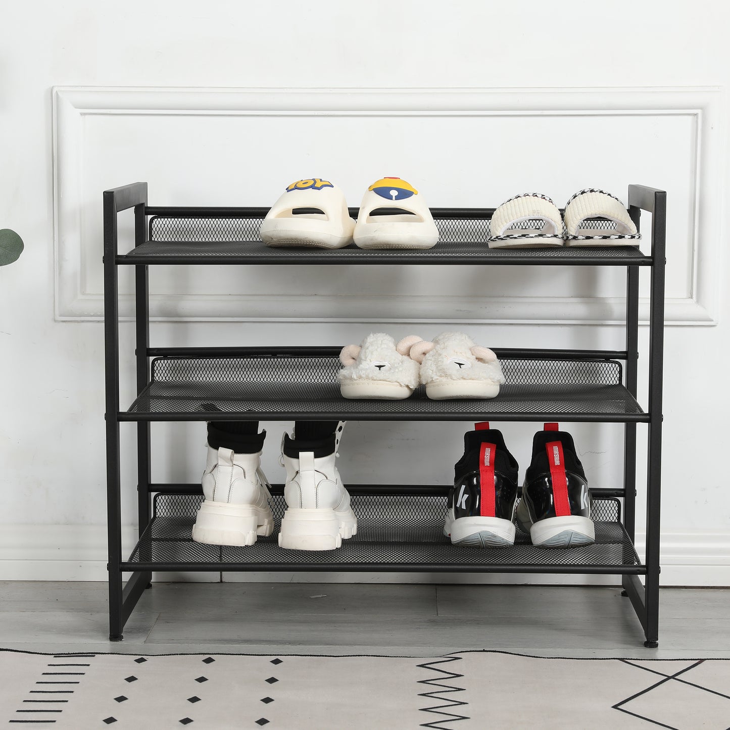 VIYET 24" Black 3-Tier Adjustable Metal Shoe Rack, Freestanding Storage Organizer with 4 Non-Slip End-Caps for Entryway, Front Door Entrance