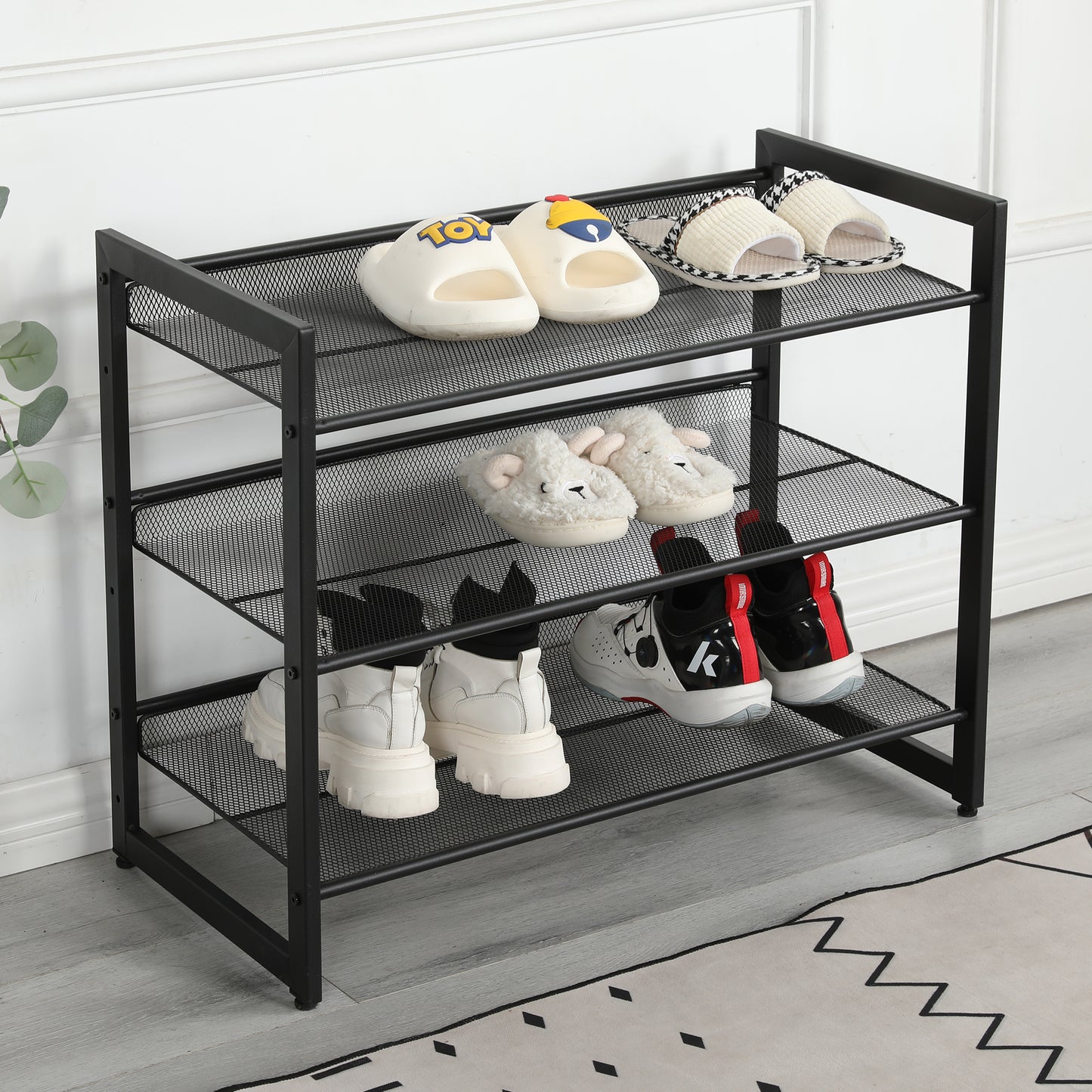 VIYET 24" Black 3-Tier Adjustable Metal Shoe Rack, Freestanding Storage Organizer with 4 Non-Slip End-Caps for Entryway, Front Door Entrance