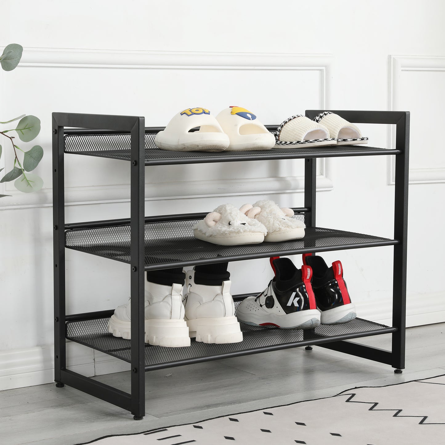 VIYET 24" Black 3-Tier Adjustable Metal Shoe Rack, Freestanding Storage Organizer with 4 Non-Slip End-Caps for Entryway, Front Door Entrance