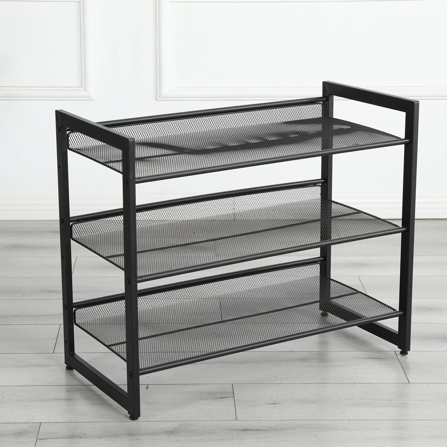 VIYET 24" Black 3-Tier Adjustable Metal Shoe Rack, Freestanding Storage Organizer with 4 Non-Slip End-Caps for Entryway, Front Door Entrance