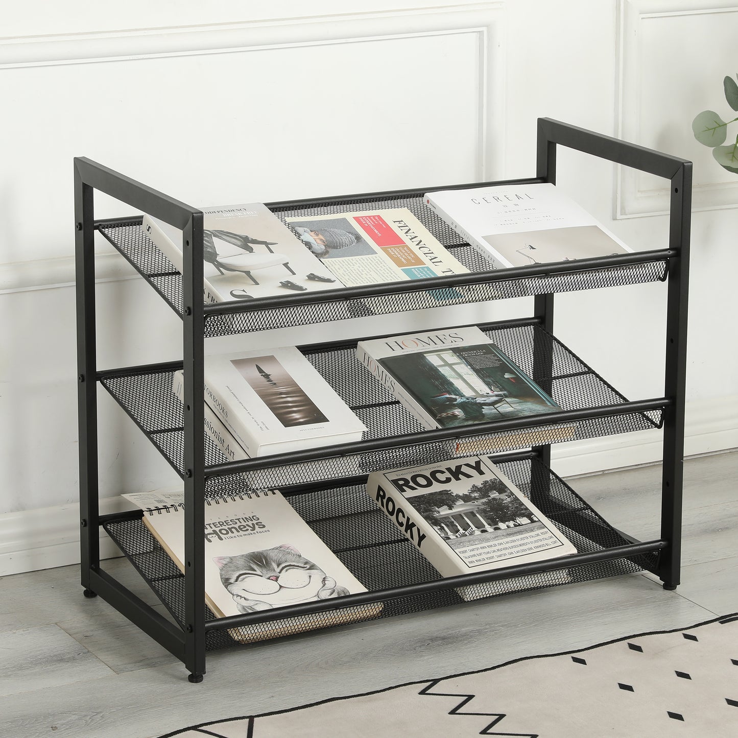 VIYET 24" Black 3-Tier Adjustable Metal Shoe Rack, Freestanding Storage Organizer with 4 Non-Slip End-Caps for Entryway, Front Door Entrance