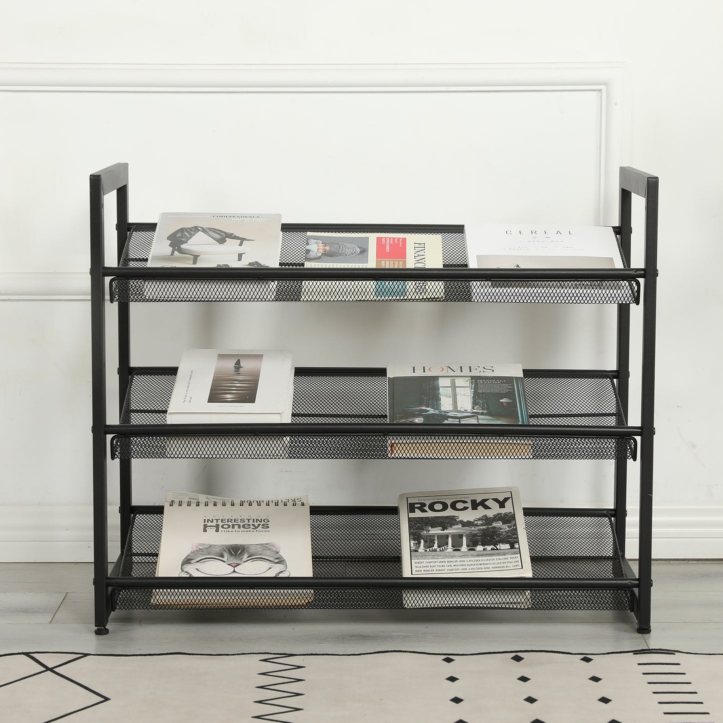 VIYET 24" Black 3-Tier Adjustable Metal Shoe Rack, Freestanding Storage Organizer with 4 Non-Slip End-Caps for Entryway, Front Door Entrance