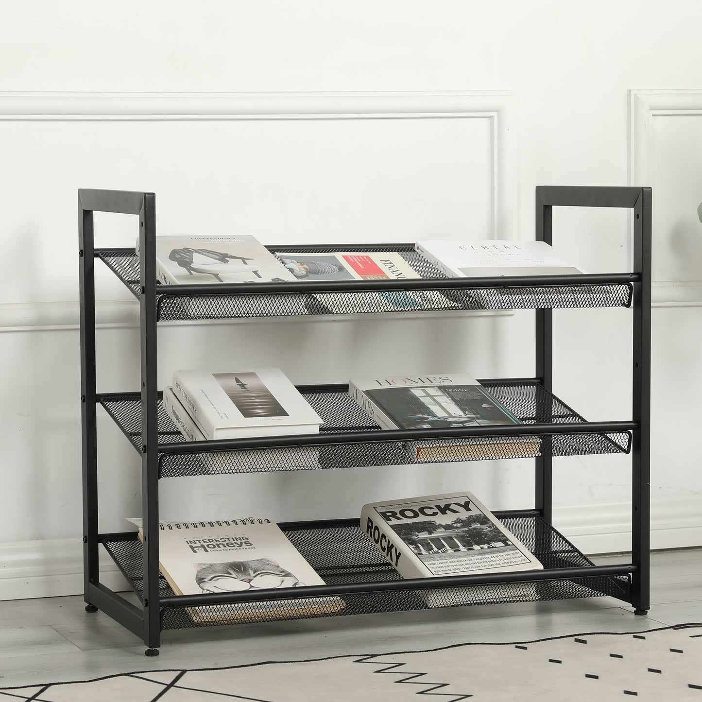 VIYET 24" Black 3-Tier Adjustable Metal Shoe Rack, Freestanding Storage Organizer with 4 Non-Slip End-Caps for Entryway, Front Door Entrance