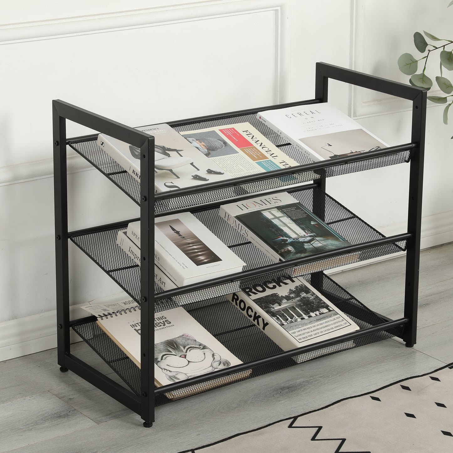 VIYET 24" Black 3-Tier Adjustable Metal Shoe Rack, Freestanding Storage Organizer with 4 Non-Slip End-Caps for Entryway, Front Door Entrance