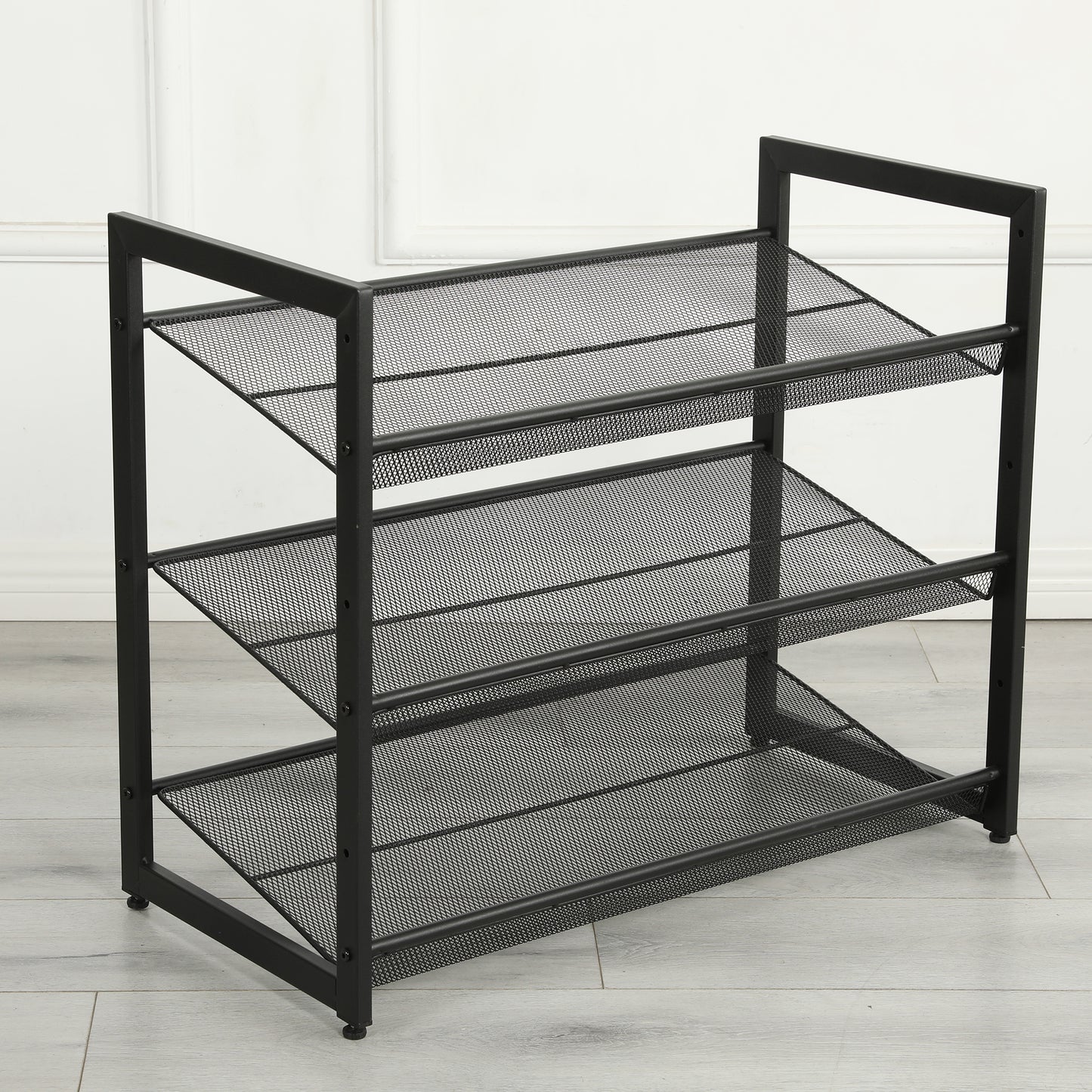 VIYET 24" Black 3-Tier Adjustable Metal Shoe Rack, Freestanding Storage Organizer with 4 Non-Slip End-Caps for Entryway, Front Door Entrance