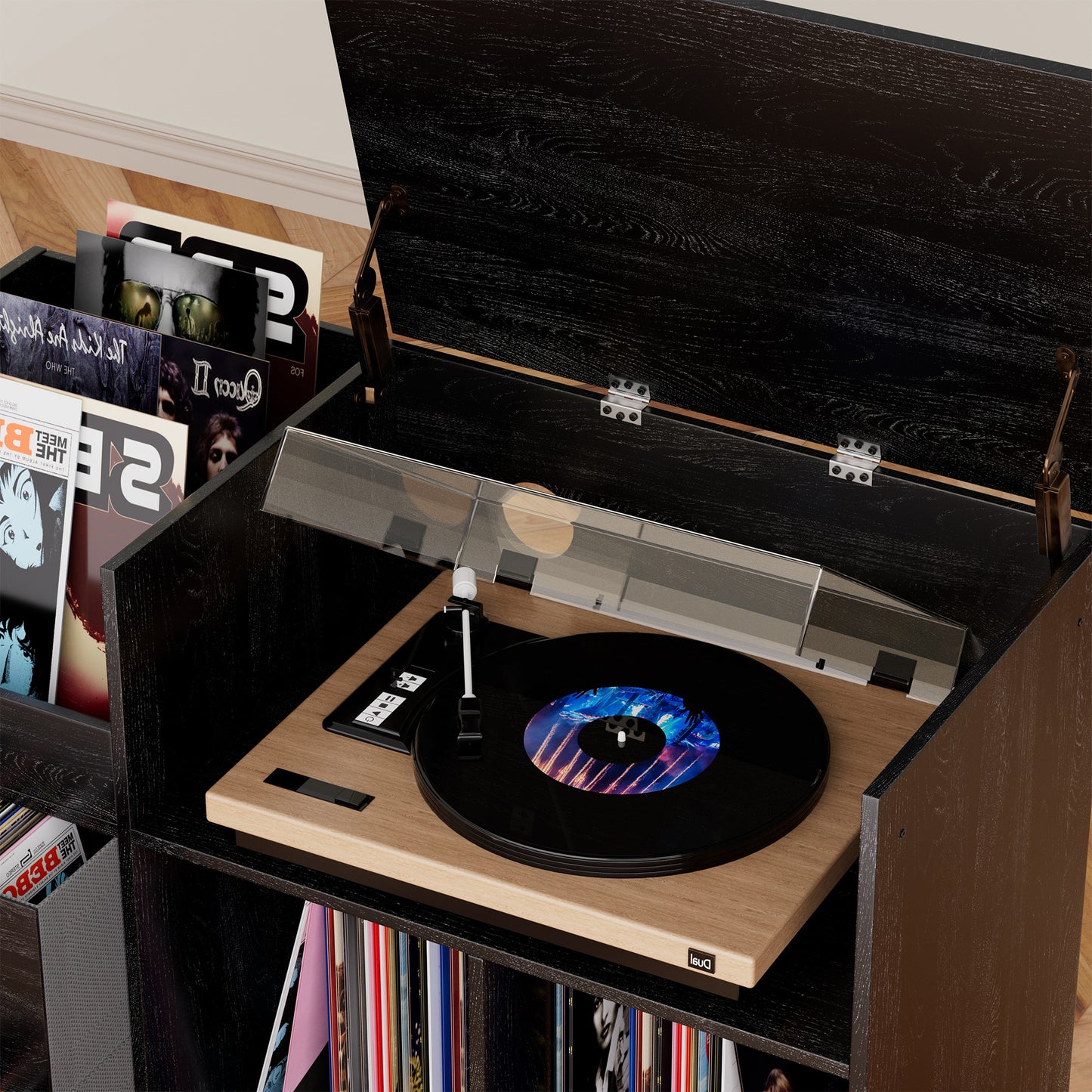 VIYET 35" Eco-Friendly Record Player Stand with Flip-Top, Black MDF+Metal Media Console w/ 2-Outlet Power Strip & Dustproof Storage