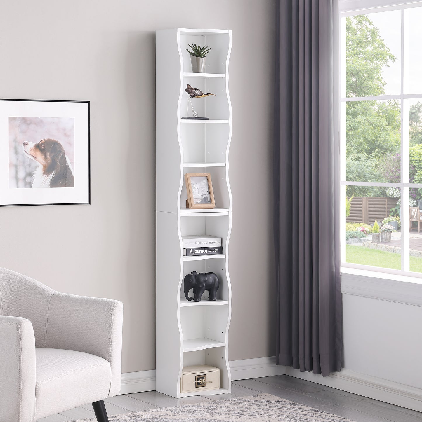 VIYET 71" 8-Tier Ultra-Thin Adjustable Bookshelf,White MDF Display Rack w/ Wavy Border (Detachable Home Office Organizer)