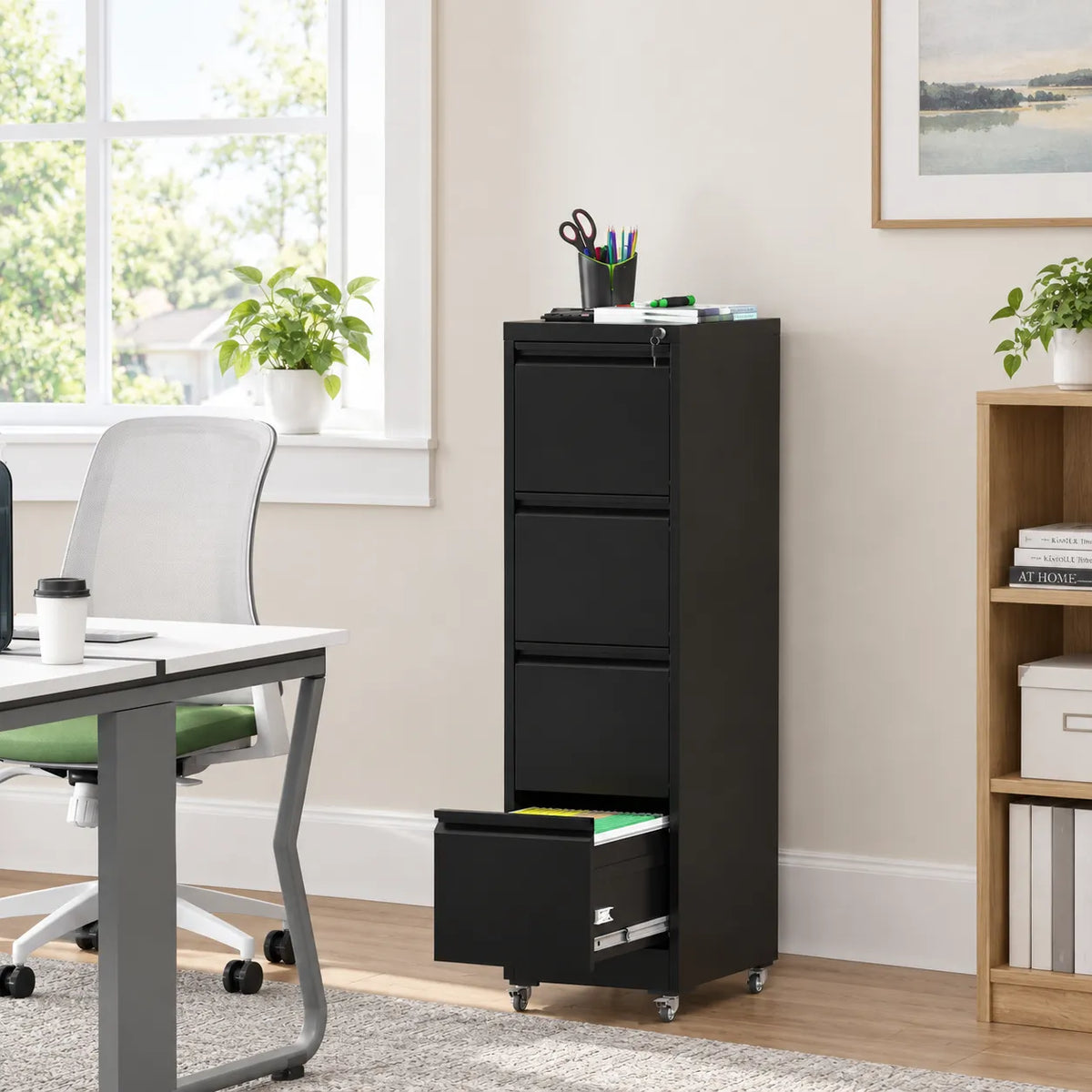 VIYET 4 Drawer Vertical File Cabinet, Metal Locking Filing Cabinet with Wheels, Legal & Letter File Storage, Anti-Tip Office Cabinet
