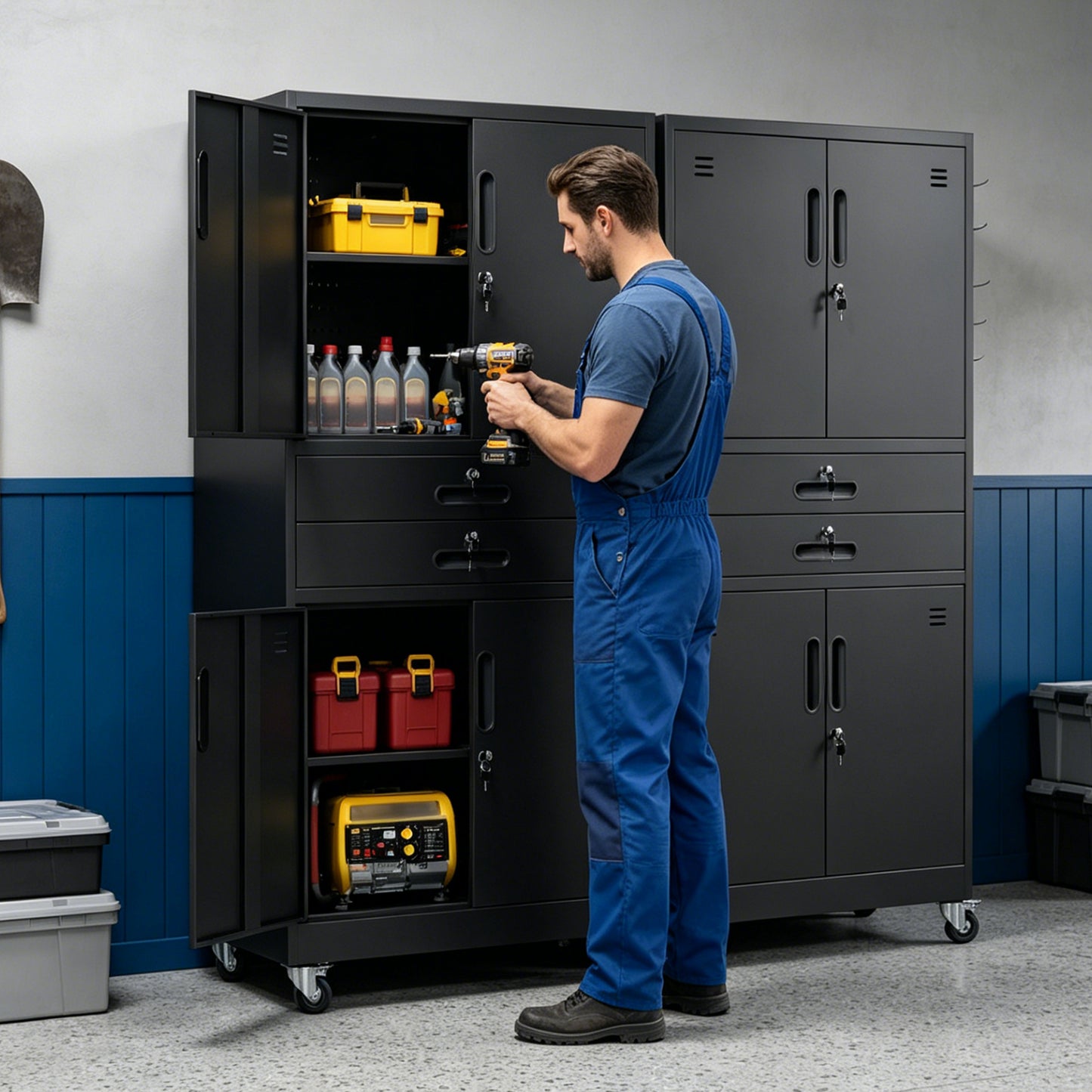 VIYET 71" Metal Garage Storage Cabinet with Drawers, Locking Doors, Pegboard, Wheels & Adjustable Shelves for Workshop Utility Room