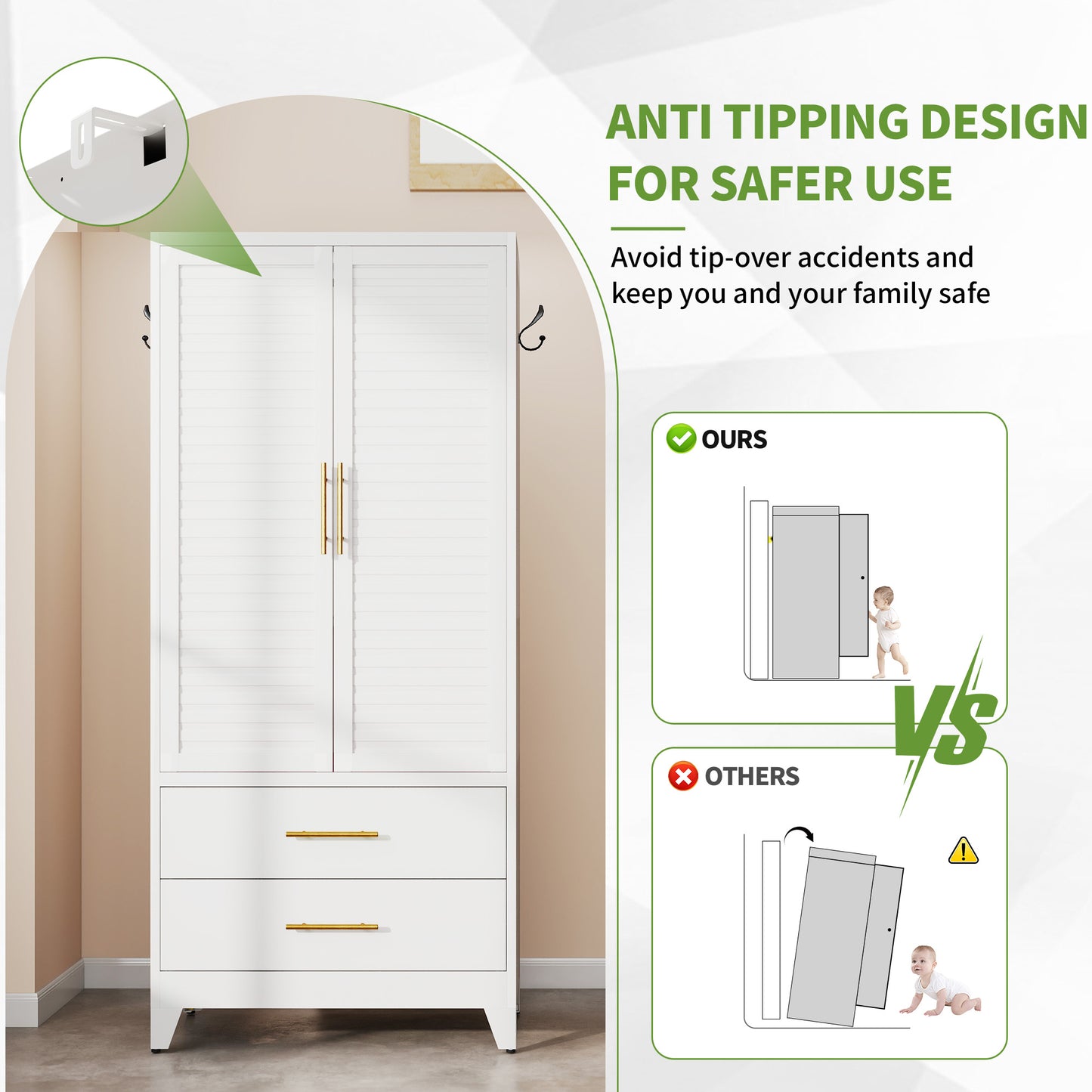 VIYET 71" Metal Wardrobe Closet with 2 Doors & 2 Drawers, Freestanding Steel Storage Cabinet with Hanging Rod & Adjustable Shelf