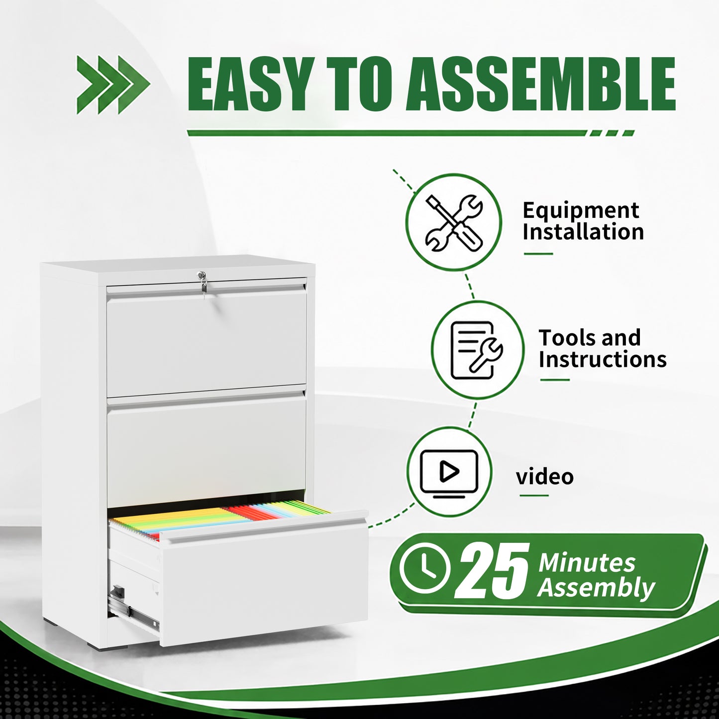 VIYET 3 Drawer Lateral File Cabinet with Lock, White Metal Filing Cabinet for Home Office, Fits Letter, Legal, A4 & F4 Hanging Files