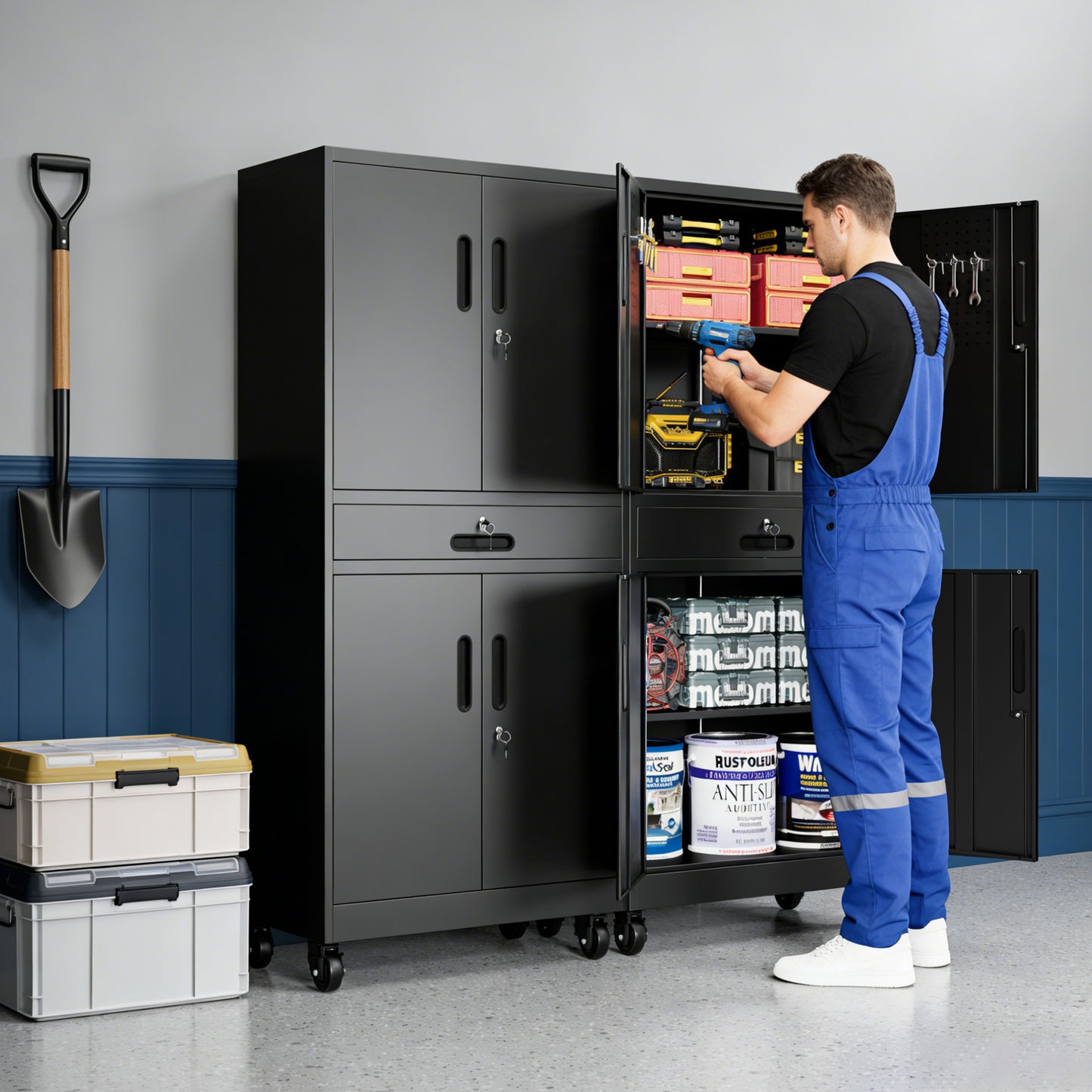VIYET 71" Metal Garage Storage Cabinet with Drawer, Lockable Doors, Adjustable Shelves, Pegboard & Rolling Wheels for Home Office Utility