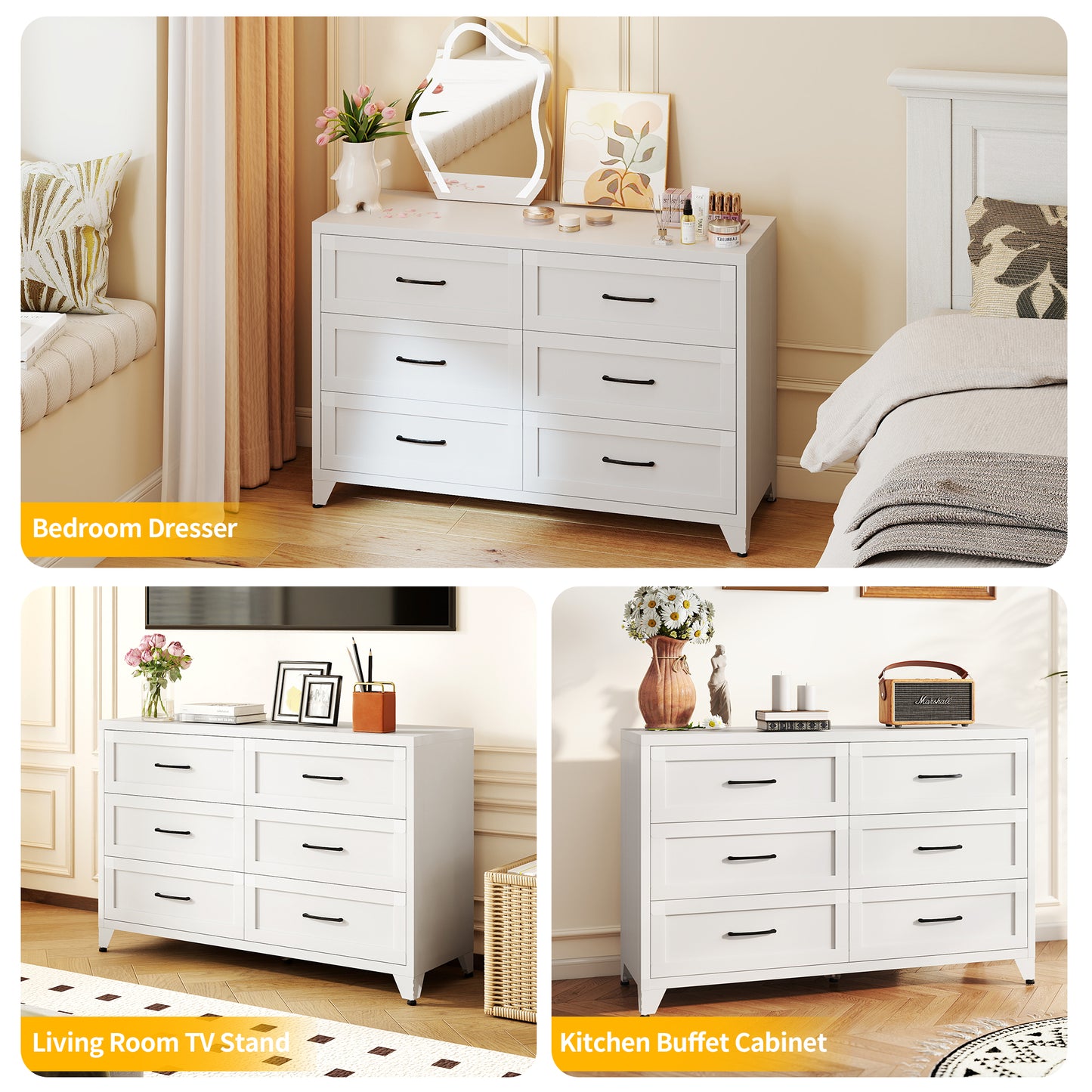 VIYET 6-Drawer White Dresser for Bedroom, Modern Metal Storage Chest with Smooth-Glide Drawers for Closet, Hallway & Entryway