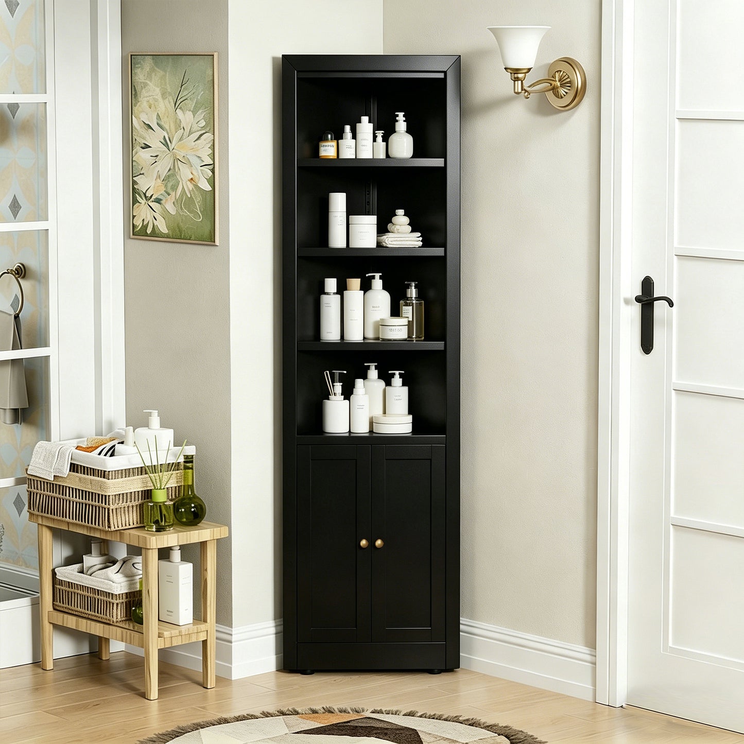 VIYET 71" Tall Black Corner Storage Cabinet, 5-Tier Freestanding Metal Corner Organizer with Adjustable Shelves & Doors