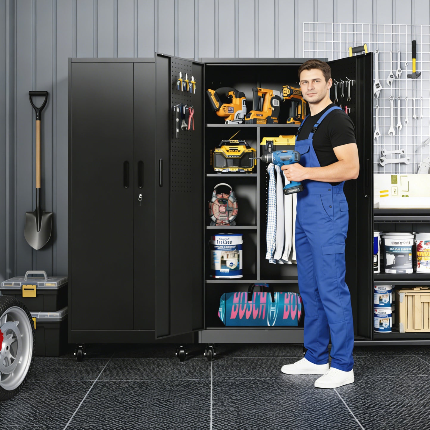 VIYET 71" Rolling Metal Storage Locker with Lockable Doors, Freestanding Steel Wardrobe Cabinet for Home Office School Gym