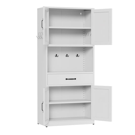VIYET 71"H Heavy-Duty White Steel Pantry Cabinet,Large Countertop+Adjustable Shelves+Drawers+Hooks,Modern Storage for Kitchen/Bathroom/Living Room
