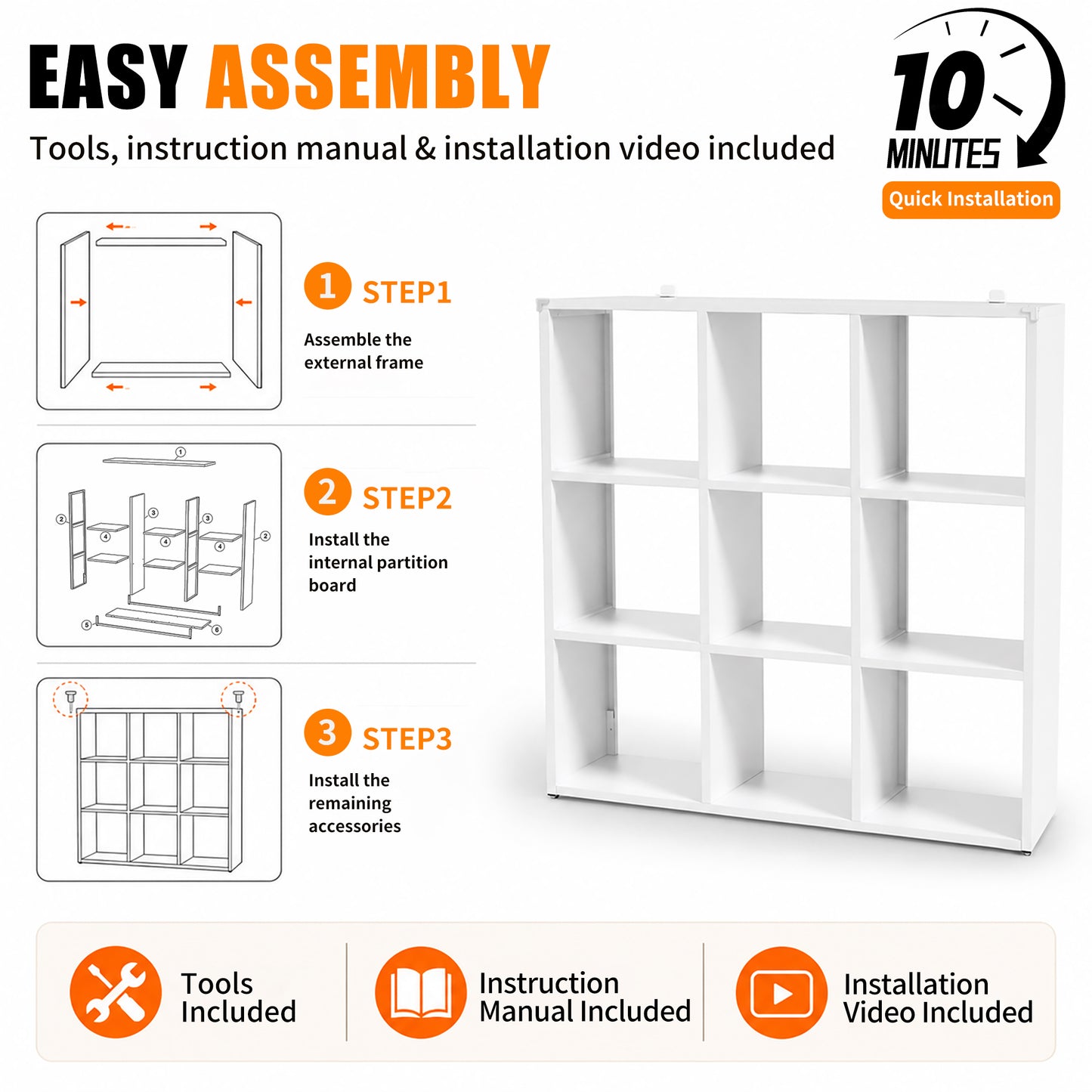 VIYET 9-Cube Metal Bookcase, 41"H Open Storage Organizer with 9 Cubes, Freestanding Display Shelf