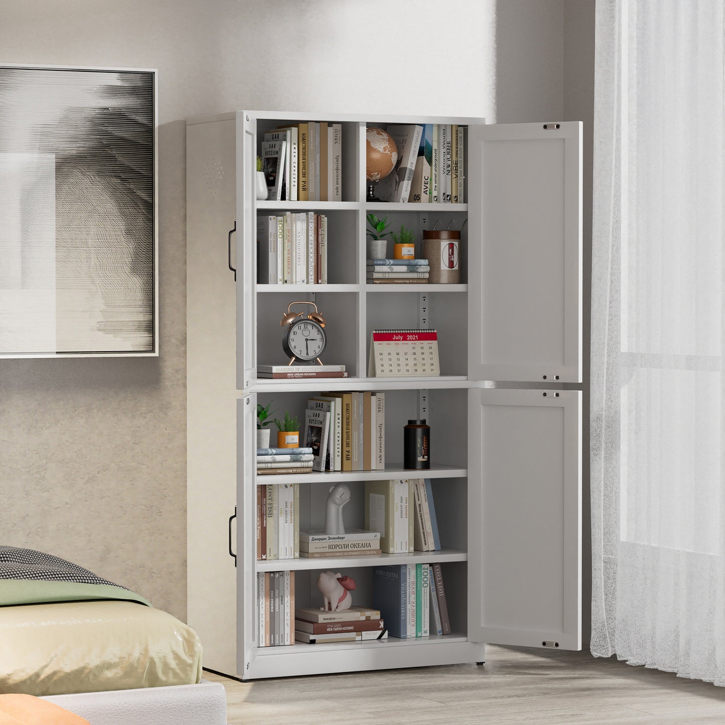VIYET 64"H Heavy-Duty White Steel Pantry Cabinet,55LBS/Shelf Adjustable Shelves+Magnetic Door,for Kitchen/Bathroom/Living Room