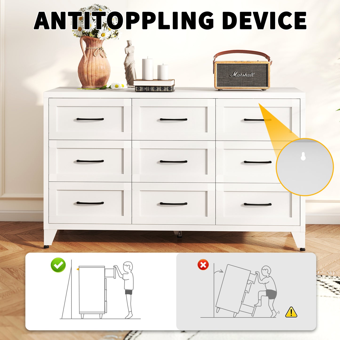 VIYET 9-Drawer Wide Dresser, White Bedroom Storage Chest with Smooth-Glide Drawers for Closet, Hallway & Entryway